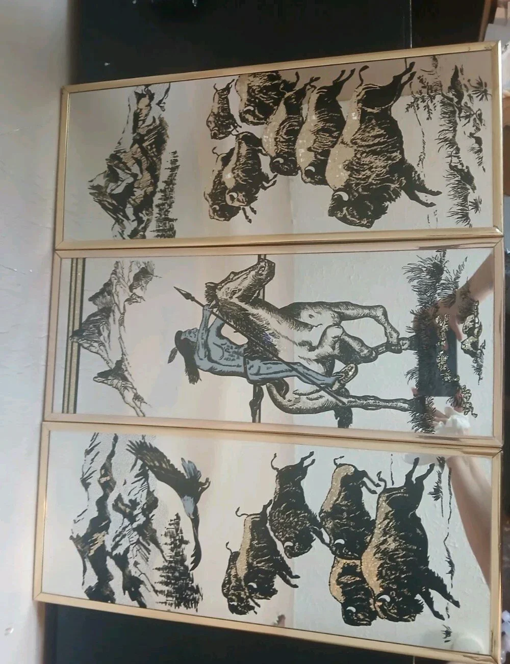 Vintage Etched Mirrors Native American Horses Set Of 3
